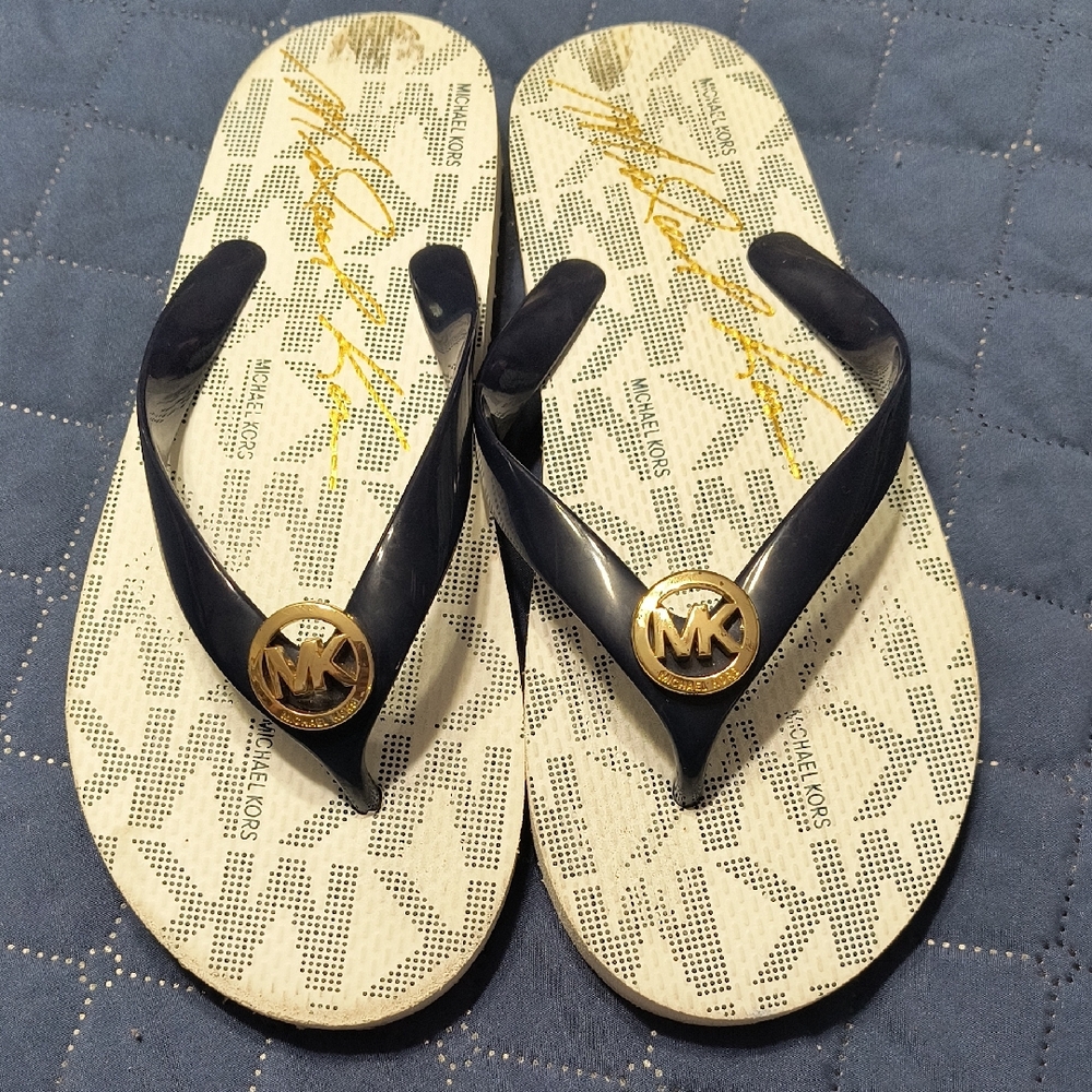 Michael Kors Navy and Gold Logo Flip Flops
